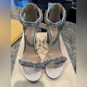 Jewel by Badgley Mischka, satin and crystal block heels with zip back, size 7.5